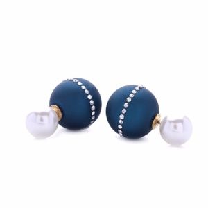 Blue White Rhinestones Front Back Pearls Earrings
